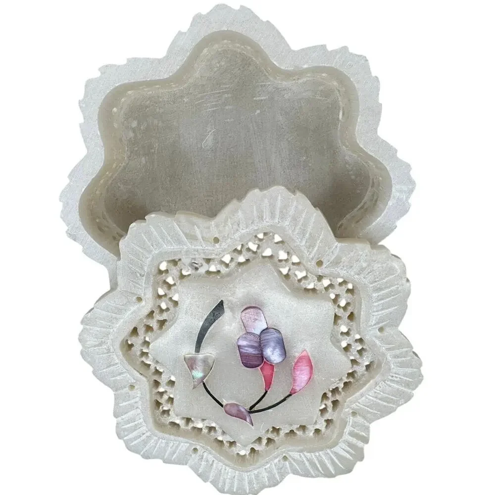 Vintage Carved Stone Trinket Box Mother of Pearl Floral Inlay Trinket Box